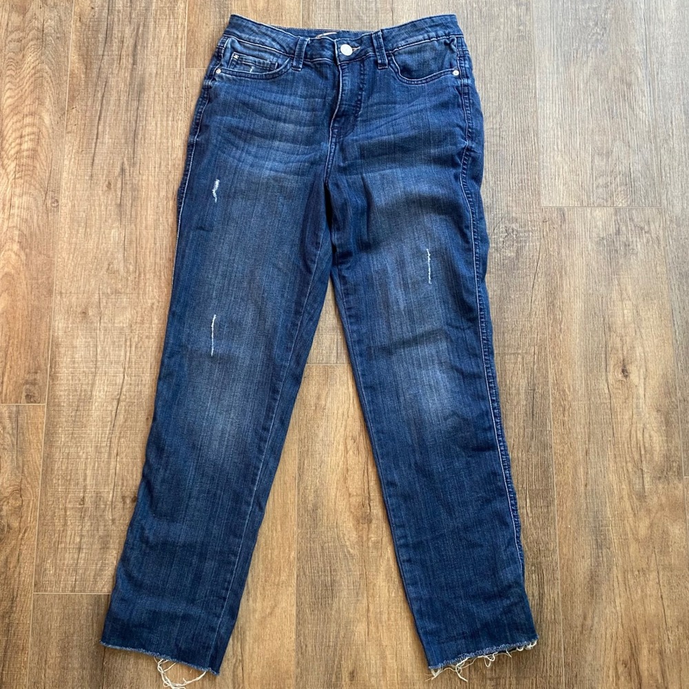 Seven 7 Weekend Easy Fit Boyfriend Jeans Dark Wash Raw Hem Distressed Size 4